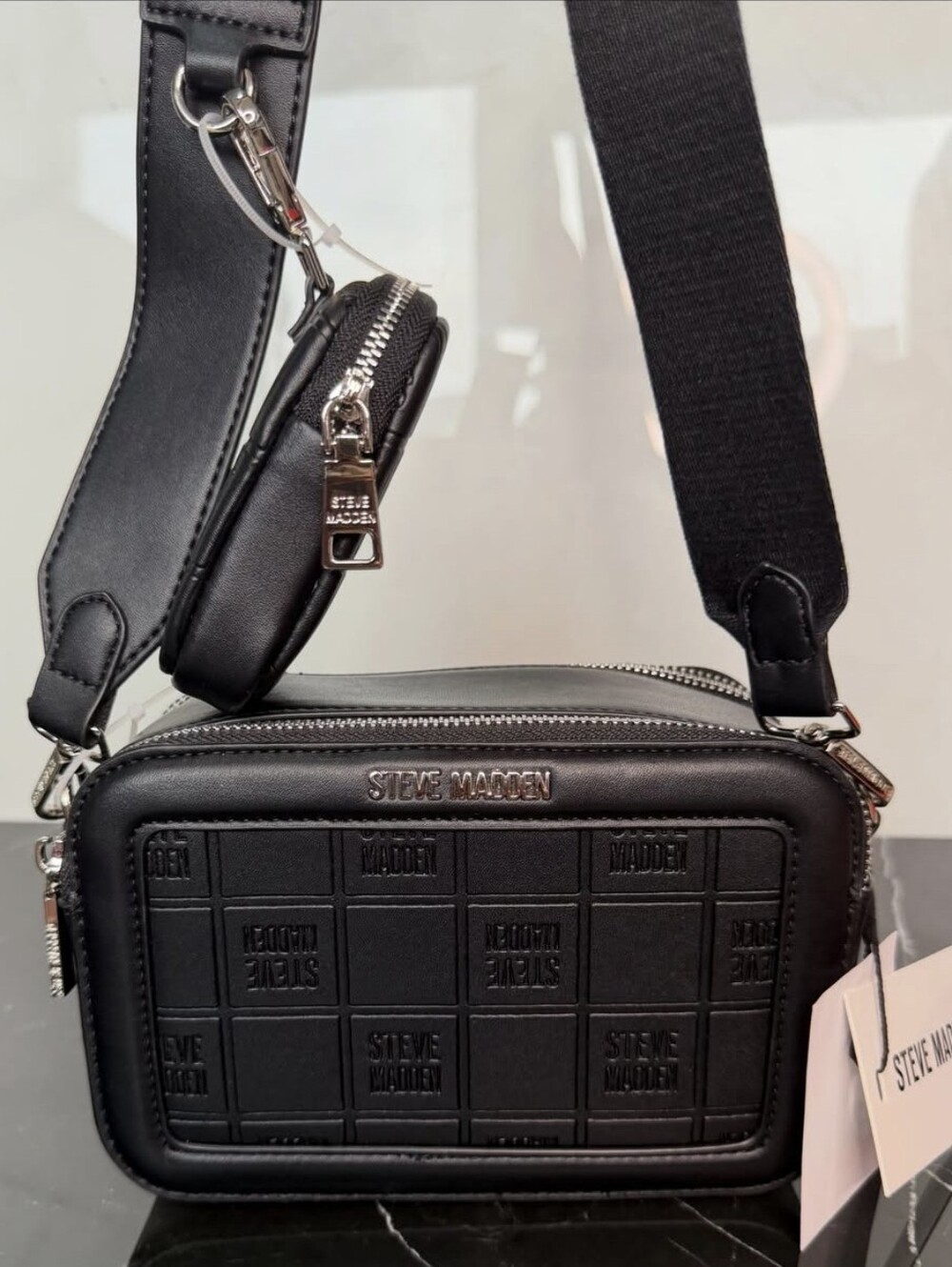 Steve Madden Black Quilted Logo Camera Crossbody